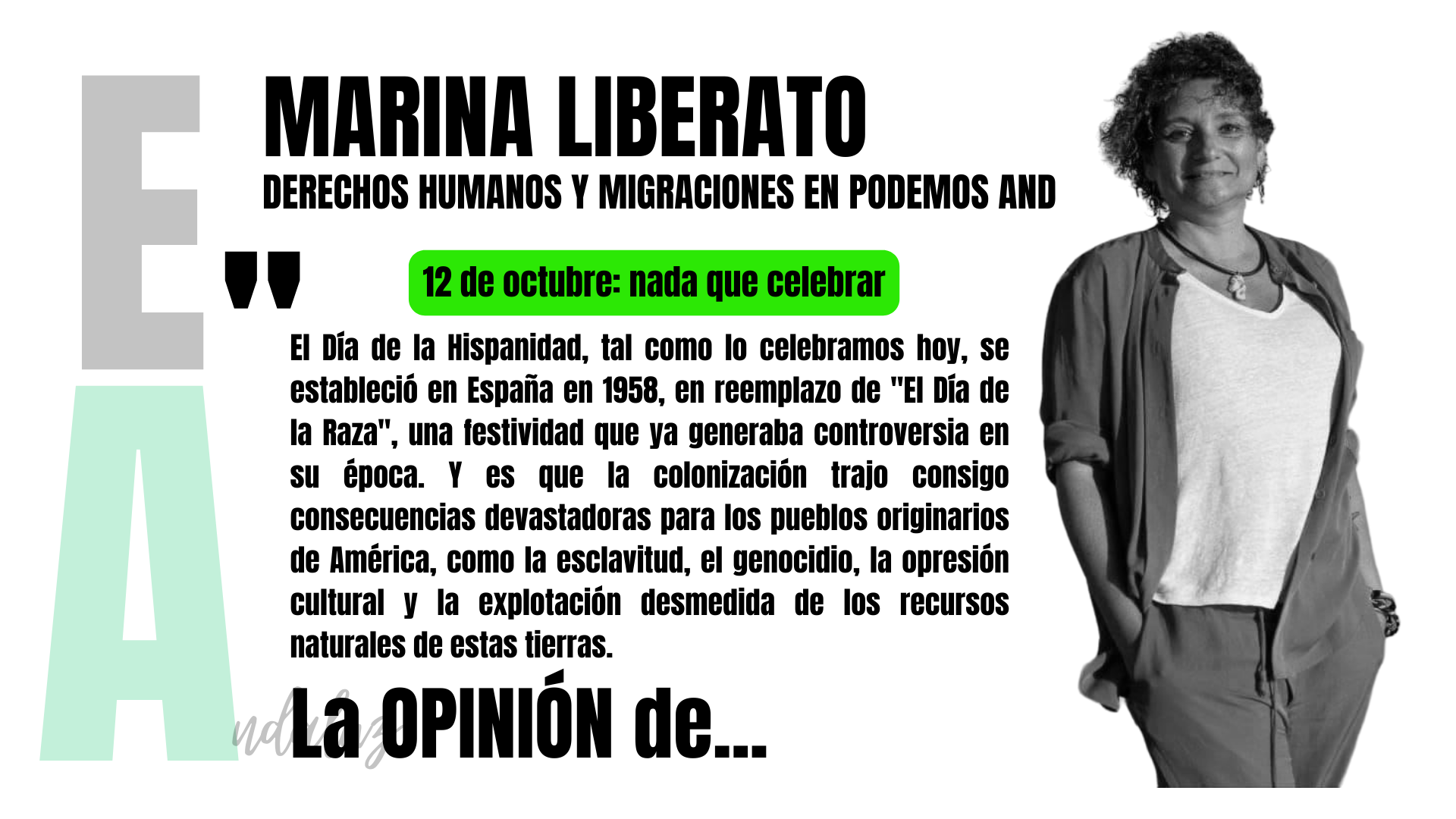 Artículo de Marina Liberato, responsable de Migraciones y Derechos Humanos en Podemos Andalucía: "12 de octubre: nada que celebrar".