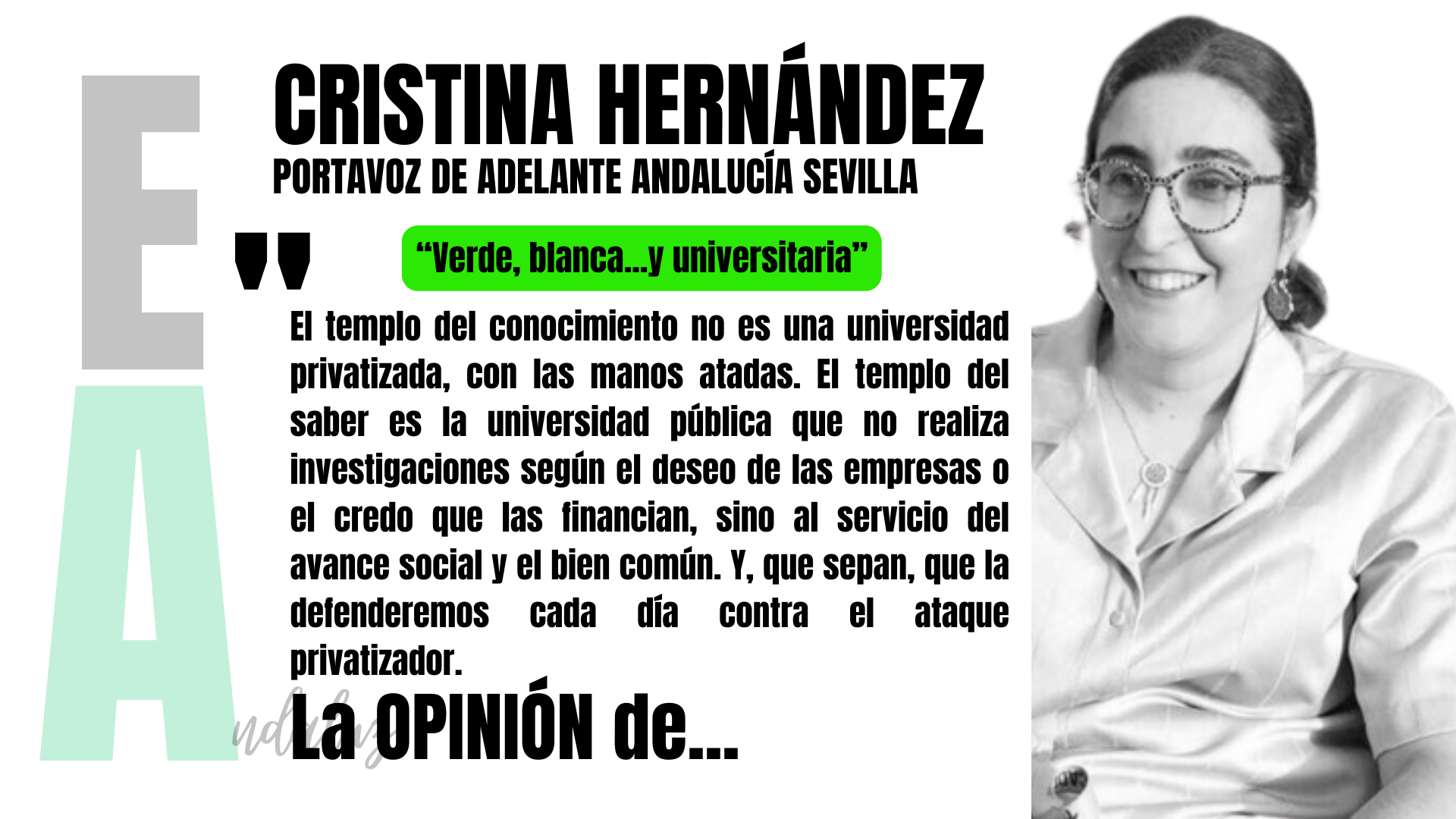 Artículo de opinión de Cristina Hernández, portavoz de Adelante Andalucía Sevilla: "Verde, blanca y....universitaria"