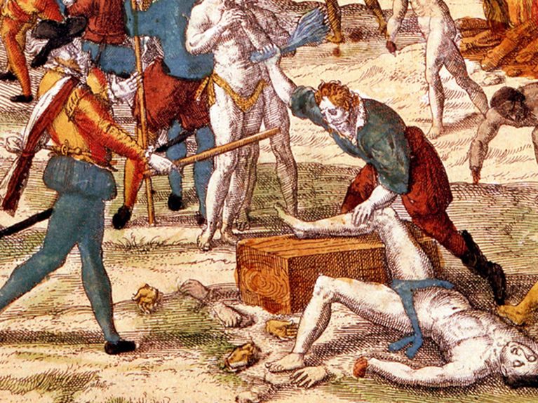 El conquistador Hernando de Soto torturando a los jefes nativos de Florida. Foto: El Confidencial.