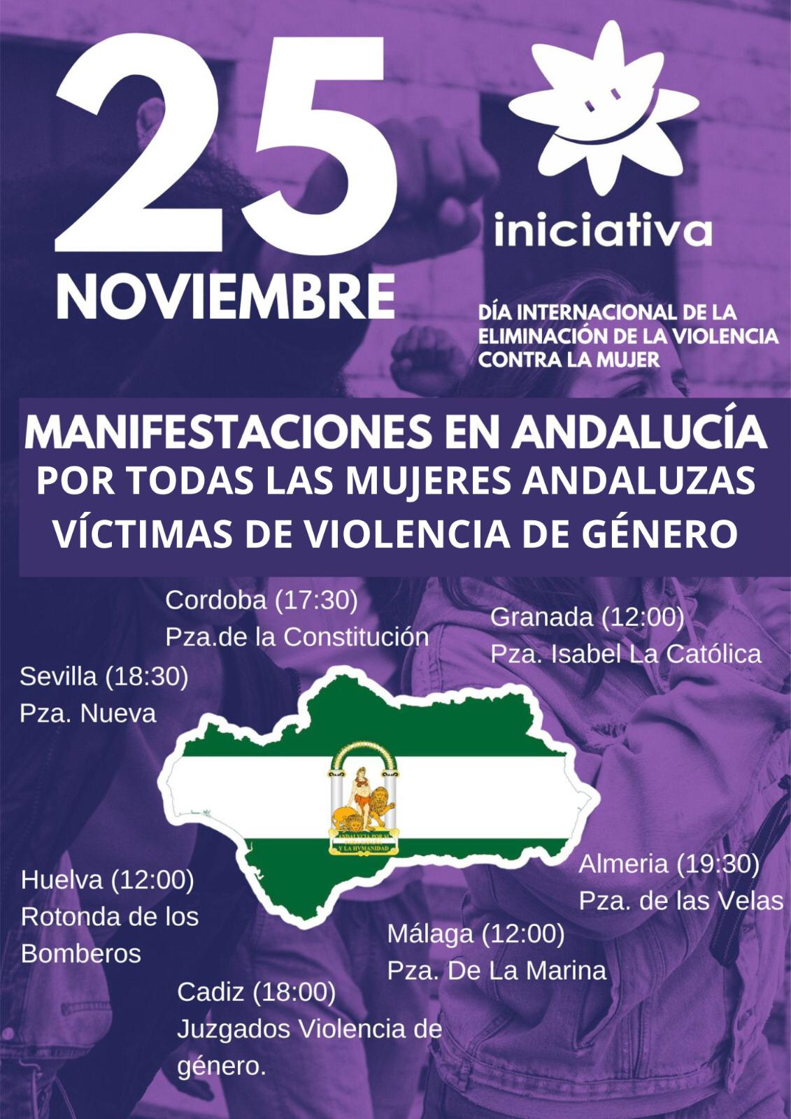 Manifestaciones en toda Andalucía este 25 de noviembre por todas las mujeres andaluzas víctimas de violencia de género secundadas por Iniciativa del Pueblo Andaluz