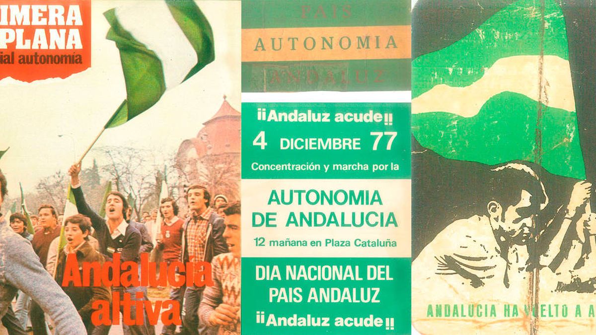 Cartel de la concentración y marcha por la Autonomía de Andalucía el 4 de diciembre de 1977: "¡Andalucía, acude!"