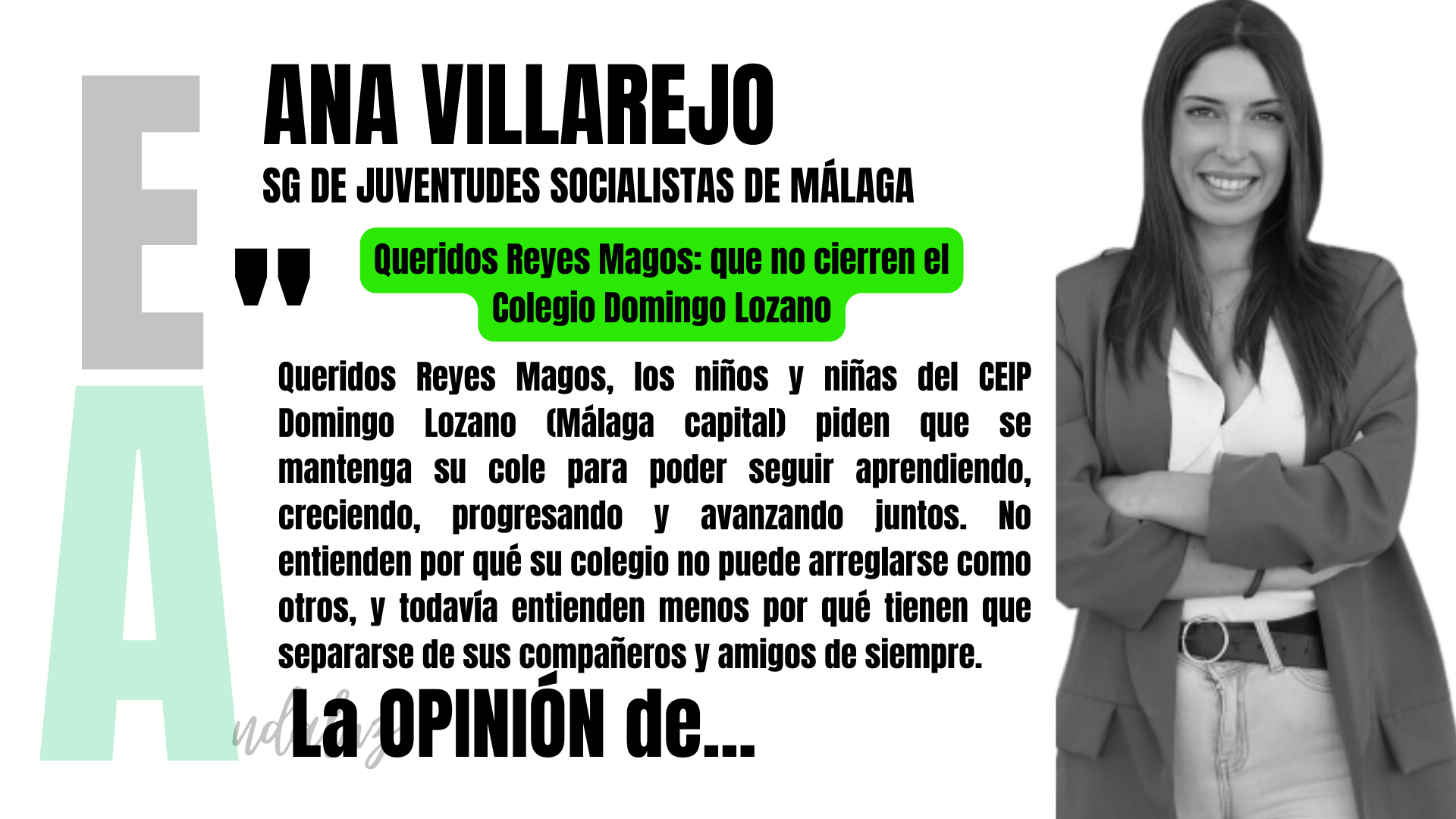 Artículo de opinión de Ana Villarejo, secretaria general de JSA Málaga: "Queridos Reyes Magos: que no cierren el Domingo Lozano"