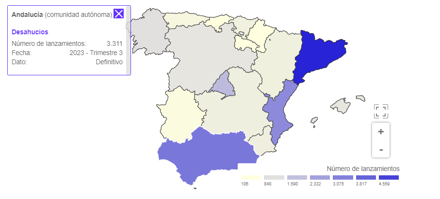 Cifra de desahucios por comunidades autónomas de España durante el tercer trimestre de 2023. Fuente: EpData.