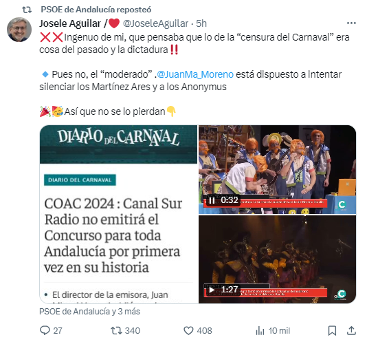 Publicación de Josele Aguilar, diputado parlamentario de PSOE-A (@JoseleAguilar), en 'X'