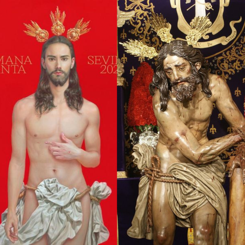 Cartel Semana Santa Sevilla 2024 e imagen del Cristo Azotado a la Columna (Cigarreras) de Sevilla