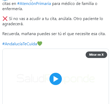 Tuit de la Consejería de Salud y Consumo sobre la cantidad de pacientes andaluces que no acudieron a su cita en 2023.