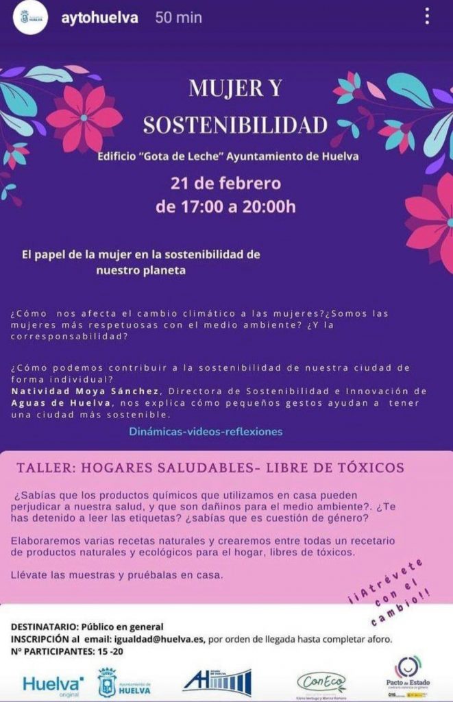 Cartel de un taller organizado por el Ayuntamiento de Huelva en el que se 'invita' a las mujeres onubenses a que limpien sus casas con productos ecológicos.