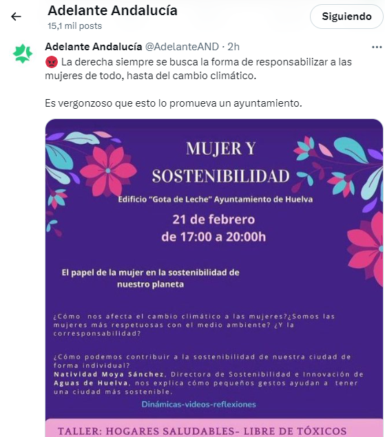 Tuit de Adelante Andalucía-Huelva capital frente al taller del Ayuntamiento de Huelva para que las mujeres limpien sus casas con productos ecológicos.