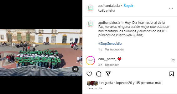 Asociación Pro Derechos Humanos de Andalucía (APDHA). Post. Vídeo de acción de alumnado de institutos públicos de Puerto Real (Cádiz) en solidaridad con los niños y niñas del pueblo palestino.