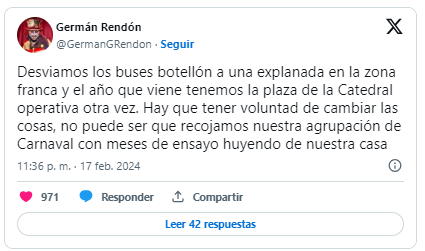 Tuit del autor de comparsas del COAC Germán Rendón criticando el macrobotellón y los incidentes registrados el pasado sábado en carnavales en Cádiz.