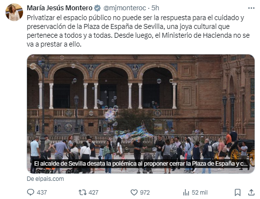 La ministra de Hacienda y vicepresidenta primera del Gobierno, María Jesús Montero, cierra la puerta a que el alcalde sevillano José Luis Sanz perimetre la Plaza de España.
