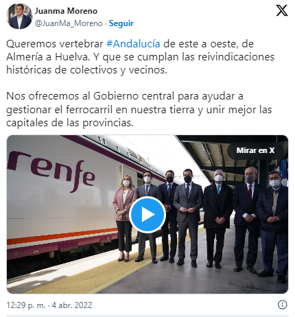 Tuit de Juanma Moreno sugiriendo al Gobierno de Sánchez asumir las competencias ferroviarias en Andalucía.