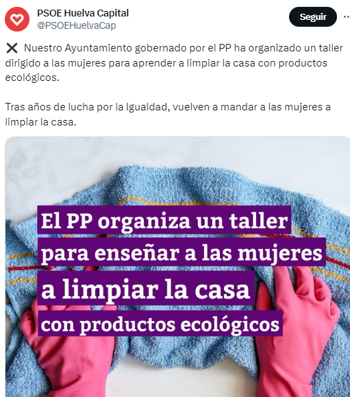 Tuit de PSOE de Huelva capital frente al taller del Ayuntamiento de Huelva para que las mujeres limpien sus casas con productos ecológicos.
