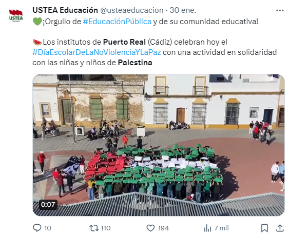 USTEA Educación. Tuit. Vídeo de acción de alumnado de institutos públicos de Puerto Real (Cádiz) en solidaridad con los niños y niñas del pueblo palestino.