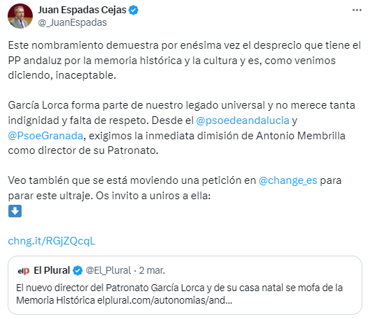 Tuit de Juan Espadas pidiendo la "inmediata dimisión" del nuevo director del Patronato Federico García Lorca, Antonio Membrilla.
