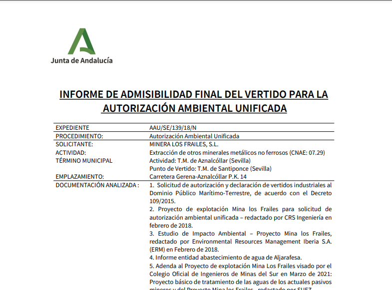 Primera página del "Informe de admisibilidad final del vertido para la autorización ambiental unificada" (Junta de Andalucía, 5 de octubre de 2023).