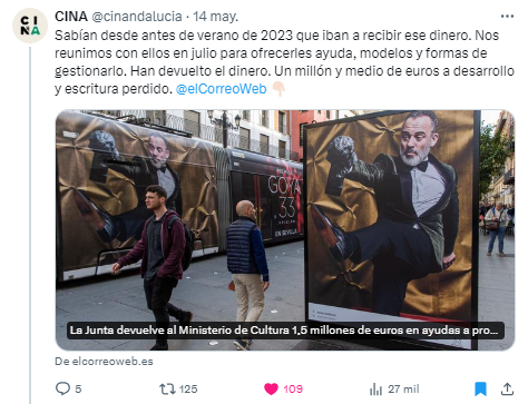 Post de la Asociación de Cineastas de Andalucía (@cinandalucia, en X) sobre la pérdida de los 1,5 millones de euros para el cine andaluz.