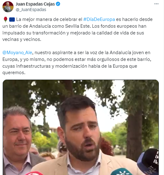 Tuit de Juan Espadas sobre la presencia de la voz joven y andaluza de Alejandro Moyano en la lista del PSOE para las elecciones europeas.