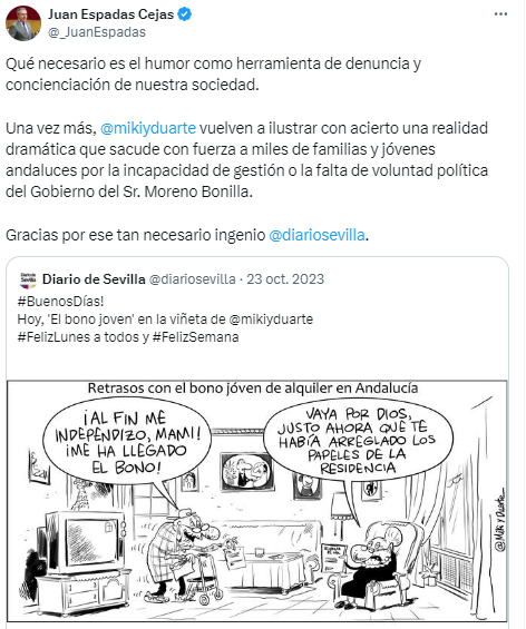 Tuit de Juan Espadas, en octubre de 2023, sobre una viñeta de Miki&Duarte, de Grupo Joly, sobre el retraso con el Bono Alquiler Joven en Andalucía.