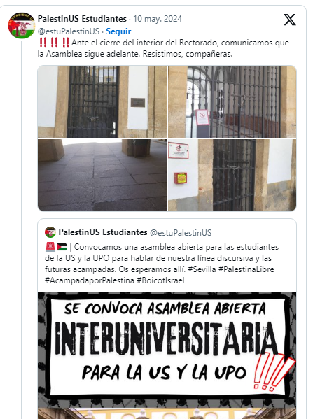 Los y las estudiantes de la Universidad de Sevilla se sumarán durante la tarde de este lunes a las acampadas en apoyo a Palestina