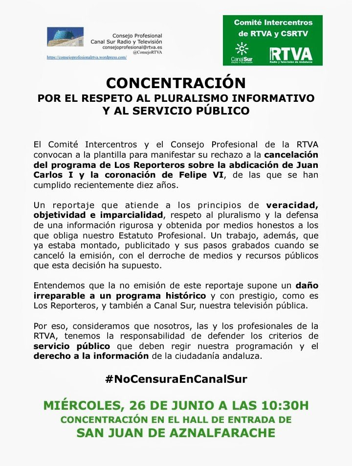 Comunicado del Consejo Profesional de RTVA sobre la cancelación de un reportaje sobre el relevo a la corona española.