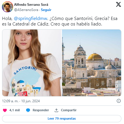 El tuit de Alfredo Serrano advirtiendo del "error" de Springfield en su camiseta de Santorini (Grecia).