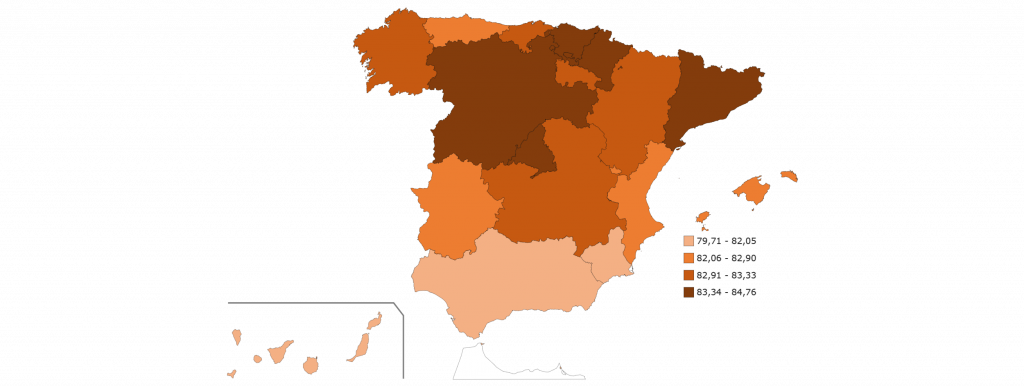 Mapa de esperanza de vida en las comunidades autónomas de España