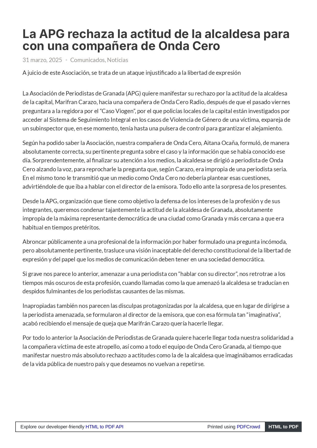 comunicado asociacion de periodistas de granada (apg) contra las amenazas de marifrán carazo (pp) a una periodista de onda cero