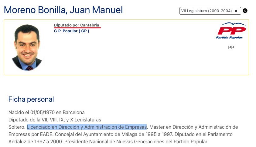 curriculum vitae falseado por Juanma Moreno para la VII Legislatura del Congreso