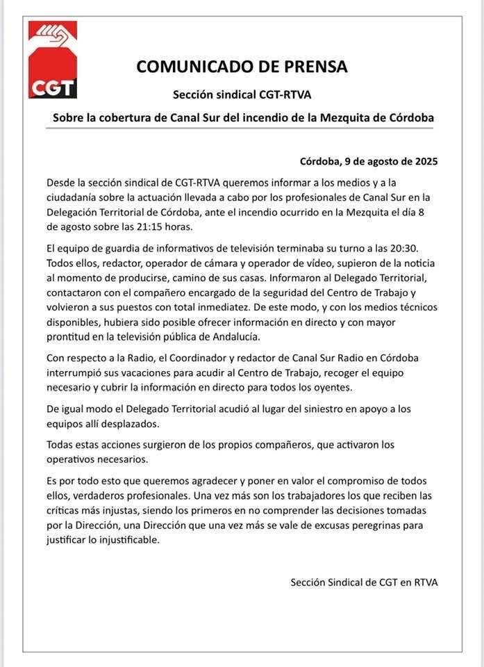 comunicado cgt-rtva, sobre incendio en mezquita de córdoba 2