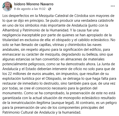 isidoro moreno, mezquita de córdoba, incendio