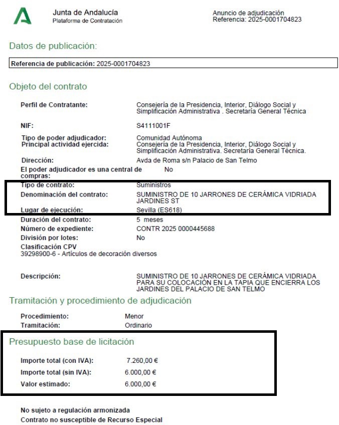 la junta compra diez jarrones de cerámica por 7.260 euros para san telmo
