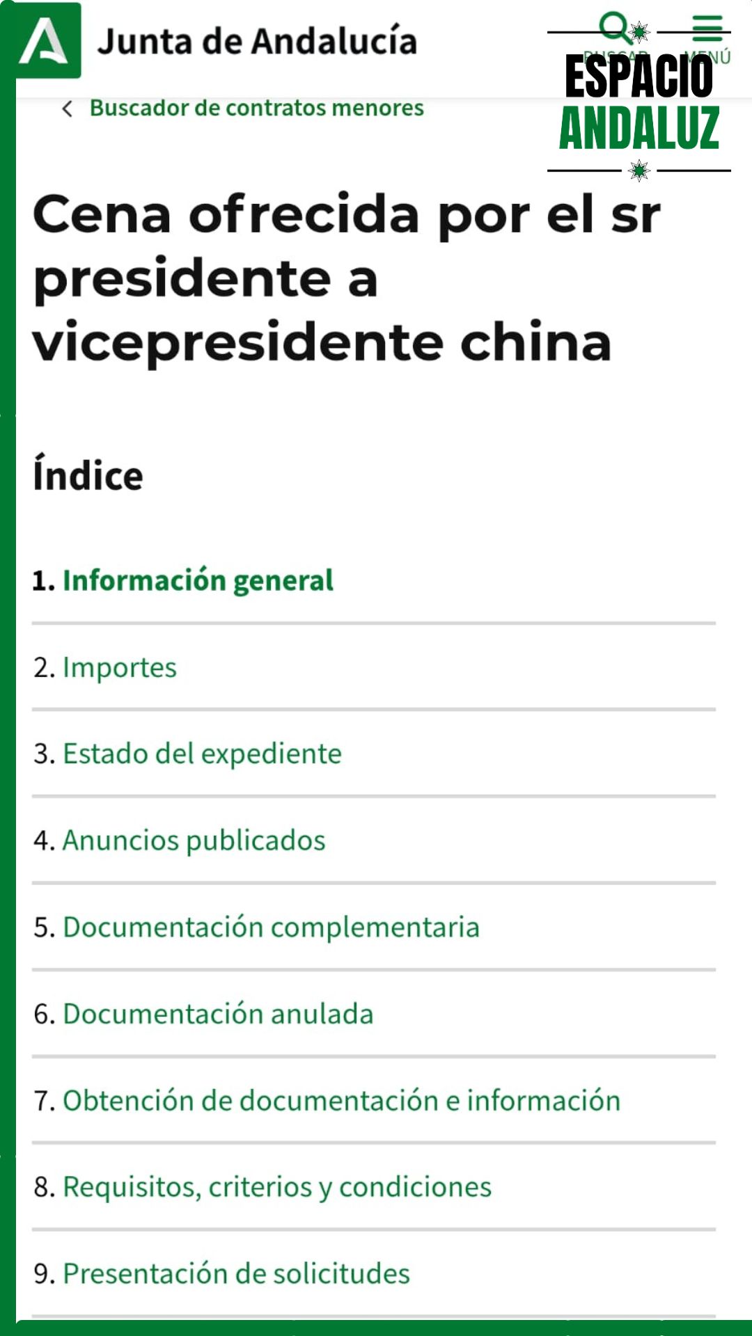 pliego de contrataciones de cena de juanma moreno con vicepresidente chino. Insta 1