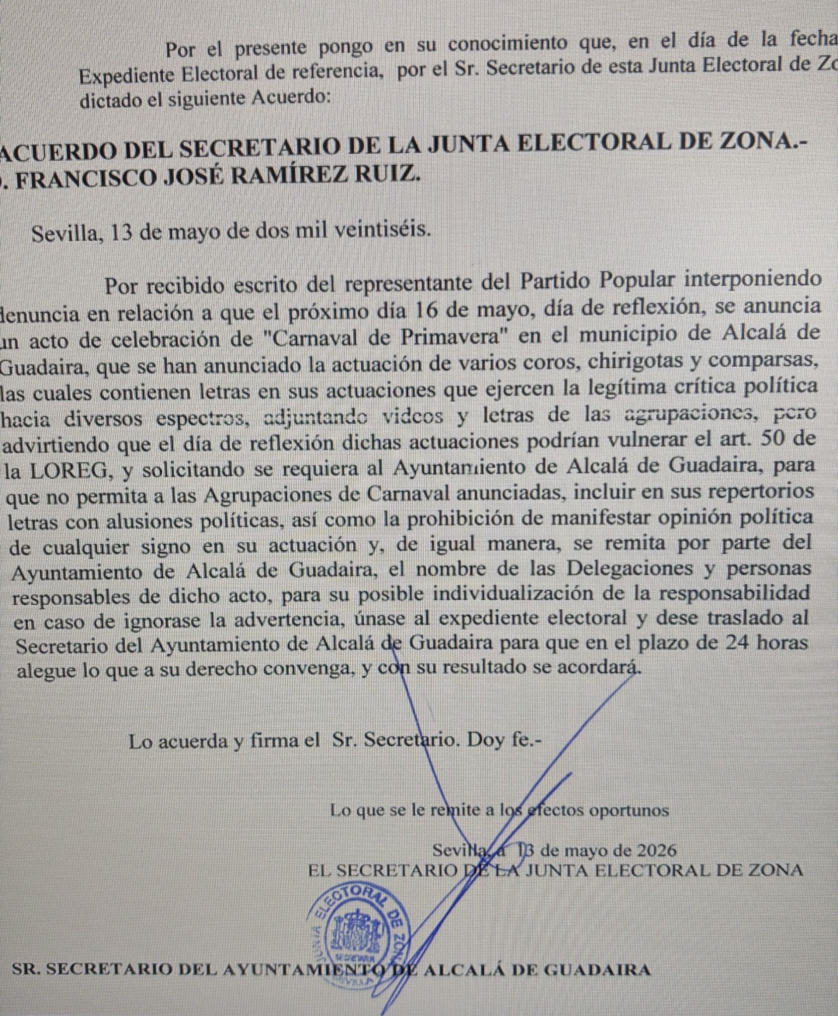 junta electoral censurar letras con critica política de carnaval en alcalá de guadaira (sevilla), por denuncia moreno y pp 