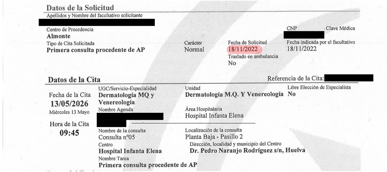 un vecino de almonte espera 1.272 días (tres años y medio) para ver a un dermatólogo por un melanoma plantar