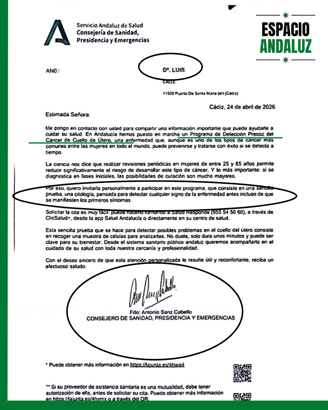 antonio sanz envía invitación a hombres andaluces para cribados cáncer cuello de útero.