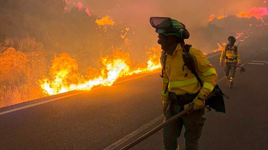un bombero intenta sofocar las llamas del incendio de Los Gallardos en Almería. Polémica por no usar el ES-Alert la Junta de Andalucía.